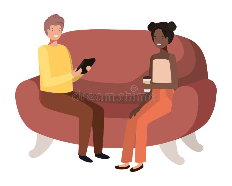 Couple using tablet in the sofa avatar character stock illustration