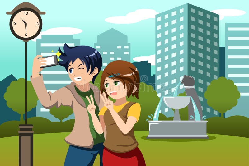 Couple on vacation taking picture of themselves with their cellphone royalty free illustration Couple on vacation taking picture of themselves with their cellphone royalty free illustration