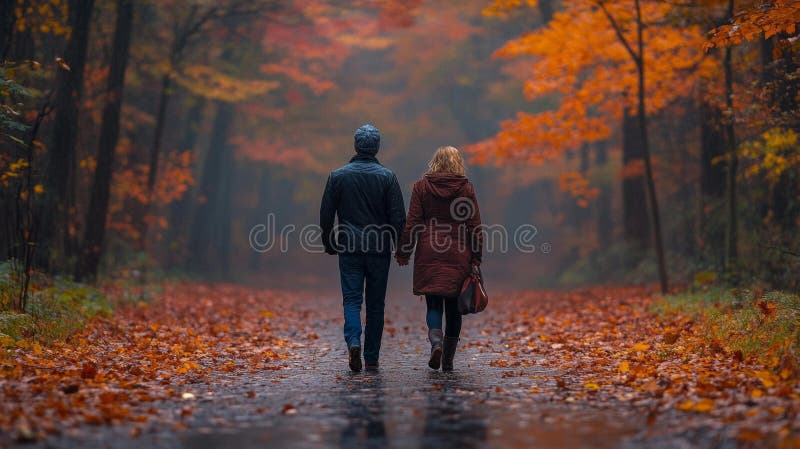 Couple Walking Hand in Hand an einem mysteriösen Herbsttag lizenzfreie abbildung