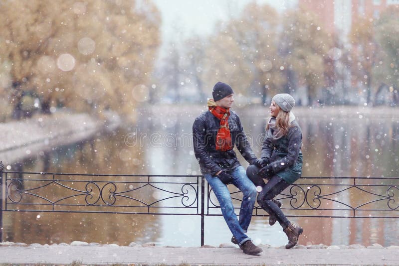Couple walking at winter park stock photo Couple walking at winter park stock photo