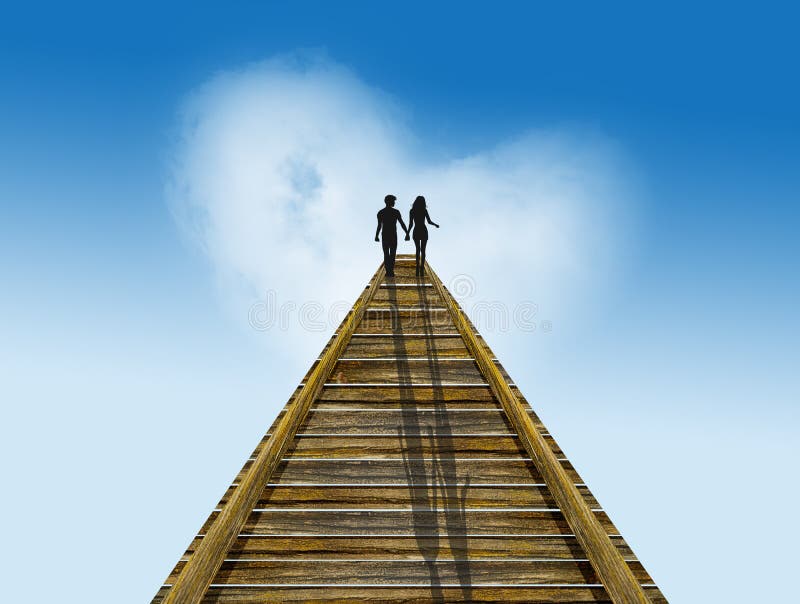 Couple walking on the wooden bridge stock illustration