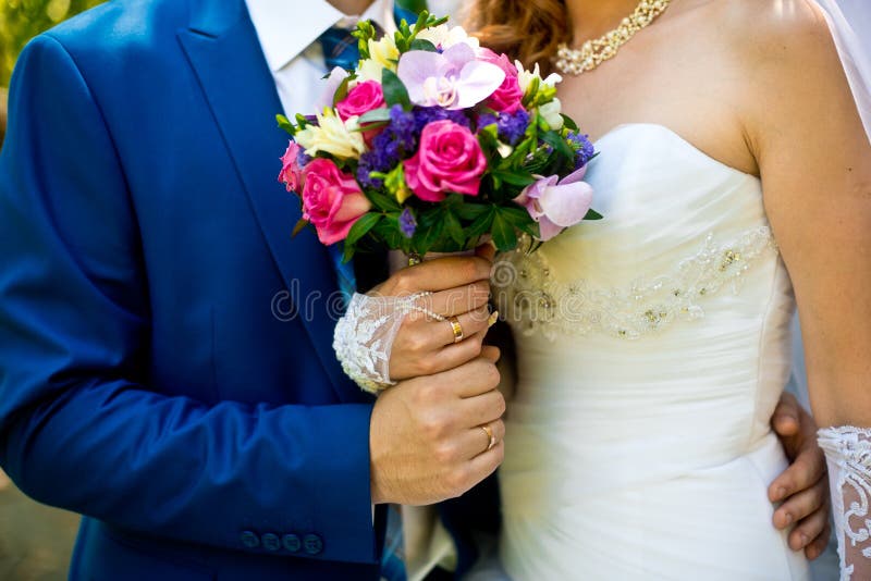 Wedding Couple and Wedding Bouquet Stock Image - Image of happiness ...