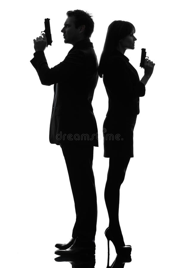 Couple woman man detective secret agent criminal silhouette