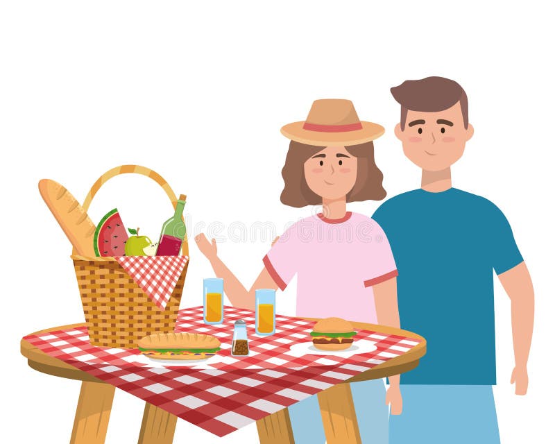 Couple of woman and man having picnic design