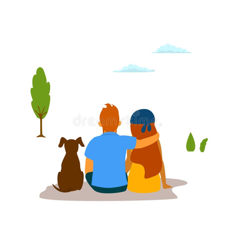 Couple, young man, woman and their dog sit hug enjoying nature vector illustration Couple, young man, woman and their dog sit hug enjoying nature vector illustration