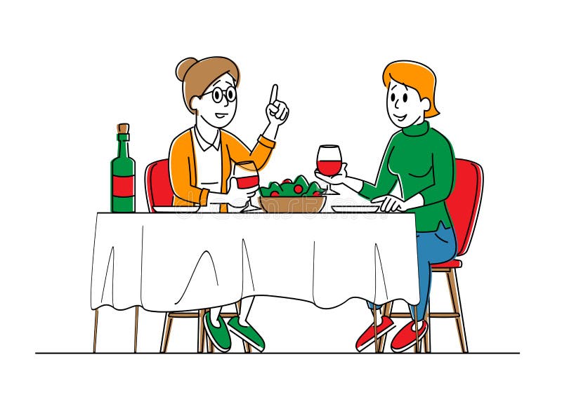 Couple of Young and Senior Women Sitting at Table with Food Drinking Beverages and Communicating at Home. Female Characters Chatting, Having Feast Leisure, Sparetime Linear People Vector Illustration