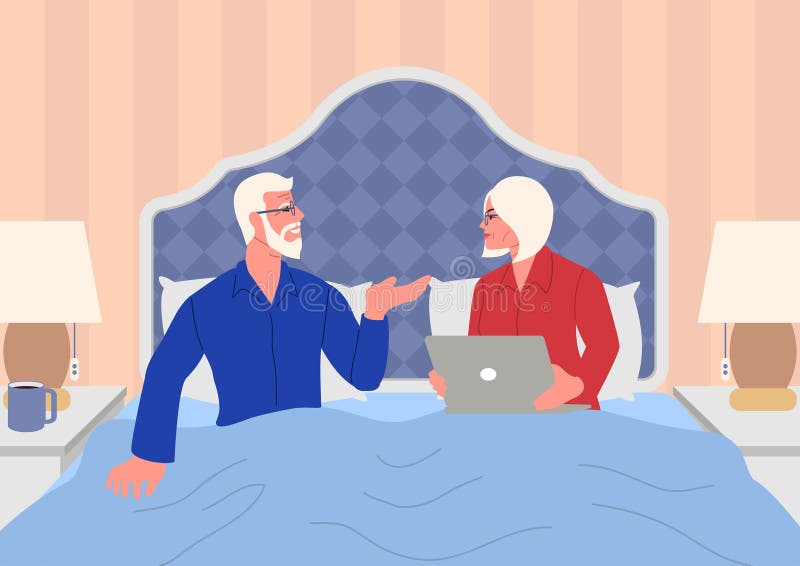 Couple âgé se relaxer au lit avoir une conversation illustration libre de droits