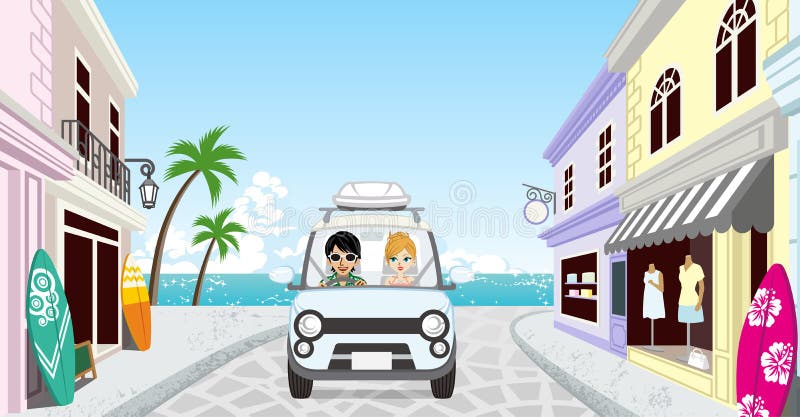 Couples conduisant dans la ville de bord de la mer illustration libre de droits Couples conduisant dans la ville de bord de la mer illustration libre de droits
