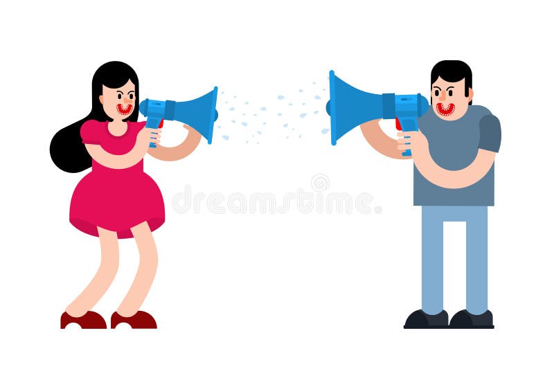 Couples criant par le mégaphone L'homme et la femme discutent cri perçant de type et de fille et jurer Illustration de vecteur de illustration libre de droits Couples criant par le mégaphone L'homme et la femme discutent cri perçant de type et de fille et jurer Illustration de vecteur de illustration libre de droits
