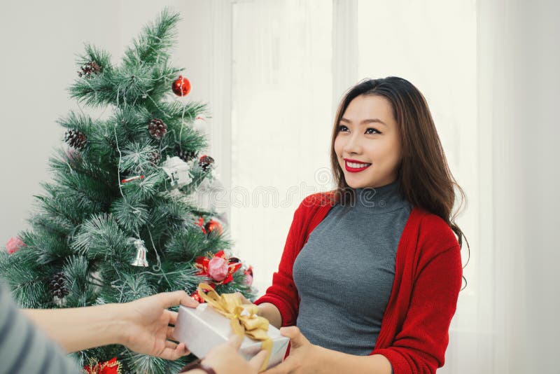 Couples d'Asiatique de Noël Un homme bel donnant son amie/wif photographie stock libre de droits Couples d'Asiatique de Noël Un homme bel donnant son amie/wif photographie stock libre de droits