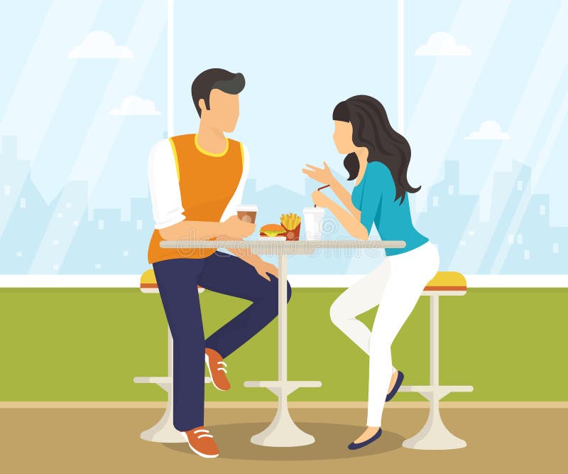 Couple sitting in the cafe, flirting and talking about something. Flat modern illustration of students using laptop. Couple sitting in the cafe, flirting and talking about something. Flat modern illustration of students using laptop