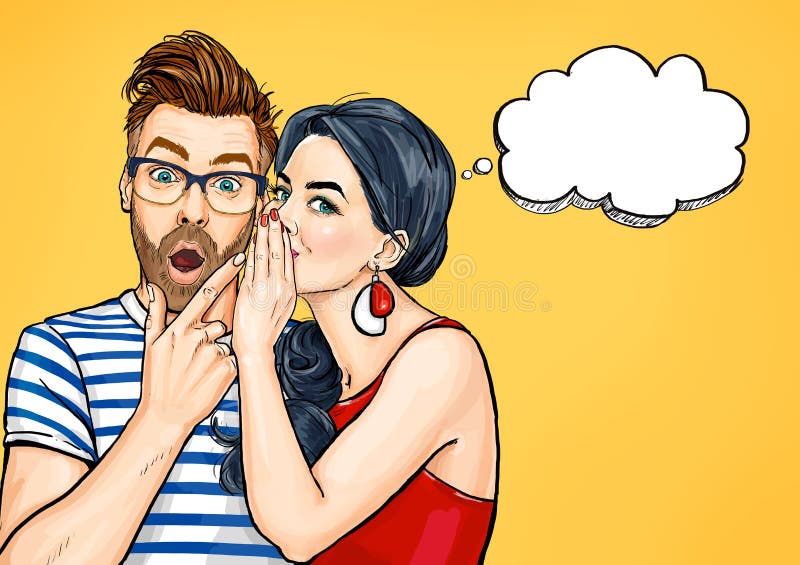 Couples de bavardage Homme stupéfait et femme parlant de quelque chose Conversation de personnes d'art de bruit illustration de vecteur