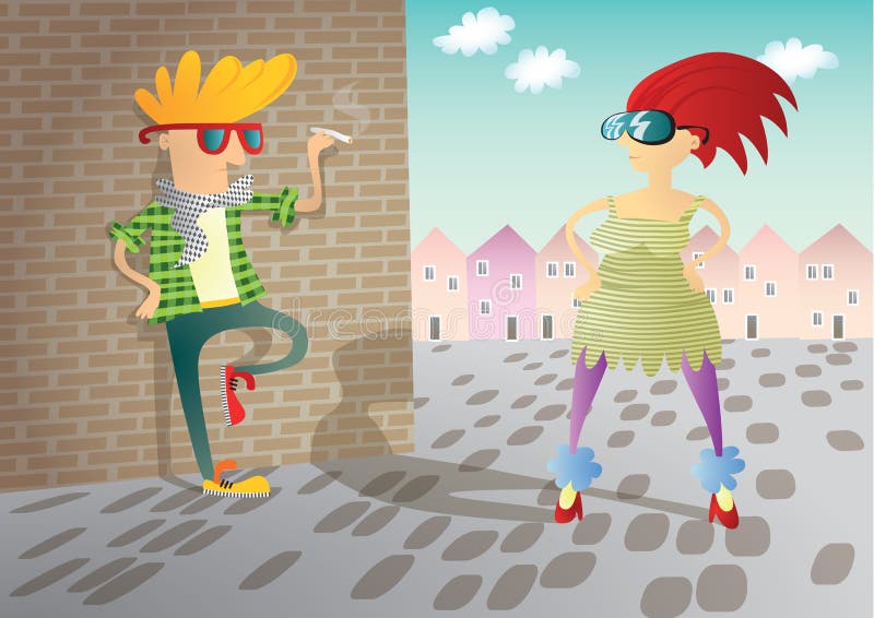 Couples de hippie dans le paysage urbain illustration libre de droits Couples de hippie dans le paysage urbain illustration libre de droits