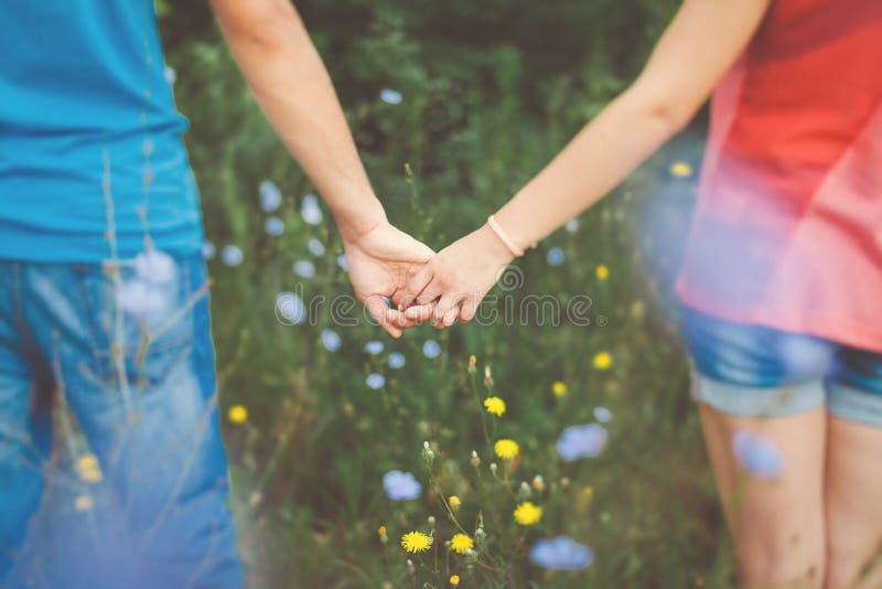 Couples de l'adolescence tenant des mains dans le domaine de fleur image libre de droits Couples de l'adolescence tenant des mains dans le domaine de fleur image libre de droits