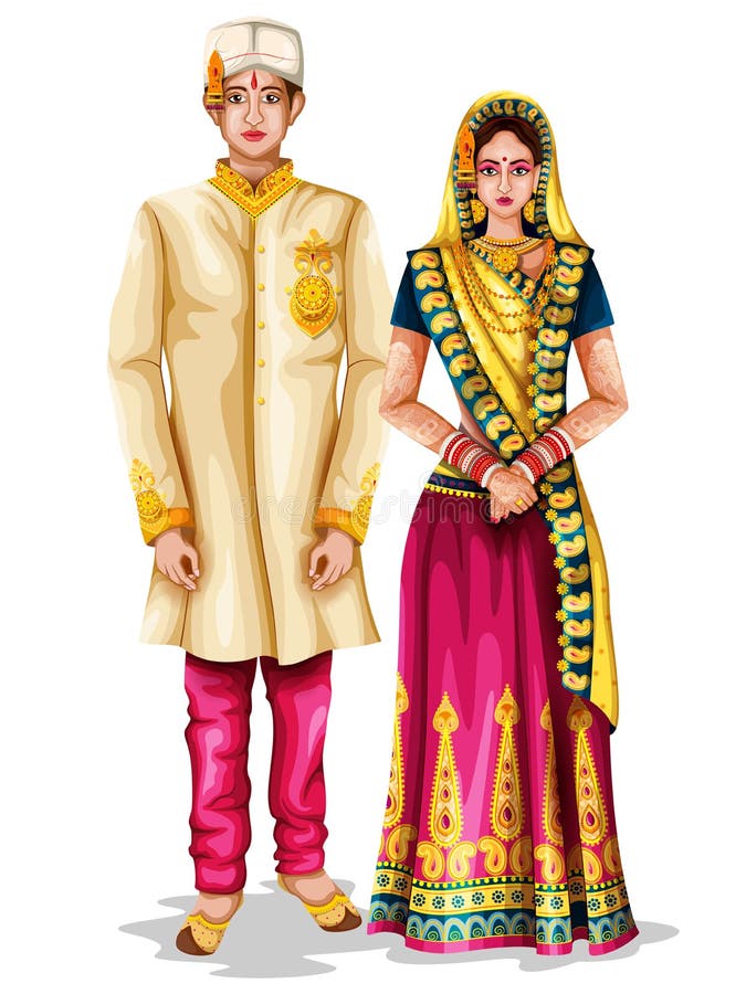 Couples de mariage de Madhya Pradeshi dans le costume traditionnel de Madhya Pradesh, Inde illustration libre de droits Couples de mariage de Madhya Pradeshi dans le costume traditionnel de Madhya Pradesh, Inde illustration libre de droits