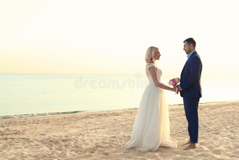 Couples de mariage tenant des mains ensemble sur la plage photo libre de droits Couples de mariage tenant des mains ensemble sur la plage photo libre de droits