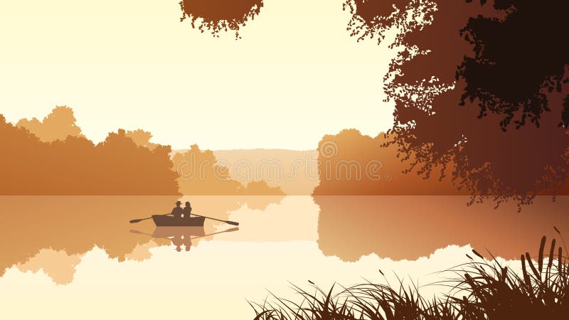 Couples de vecteur sur le lac contre le coucher du soleil orange illustration stock Couples de vecteur sur le lac contre le coucher du soleil orange illustration stock