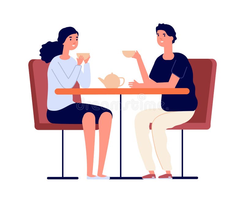 Couples en sortir avec. Le thé et les boissons de conversation de femme d'homme. Amis réunion avec un garçon de fille amoureux dan illustration libre de droits