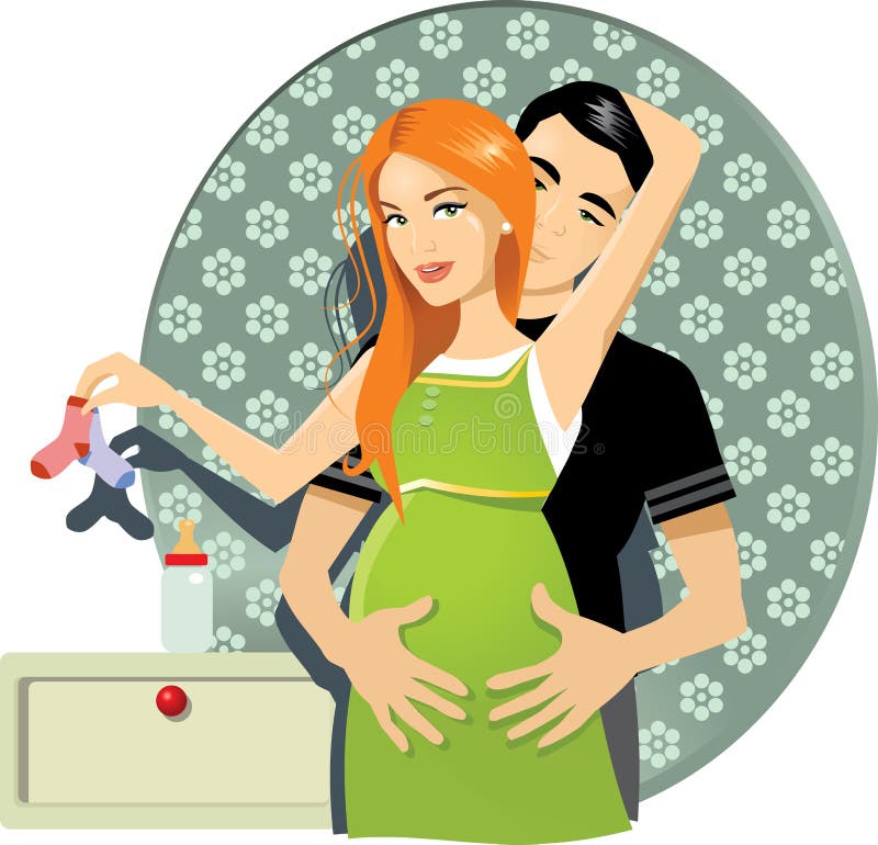 Vector illustration of a happy pregnant couple, flower wallpaper background, nightstand with baby bottle. AI8 vector file included. Vector illustration of a happy pregnant couple, flower wallpaper background, nightstand with baby bottle. AI8 vector file included.