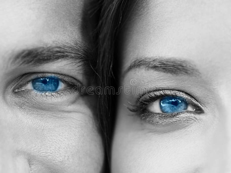 Couples Faces Next To Each Other Showing Their Blue EYES Stock Image