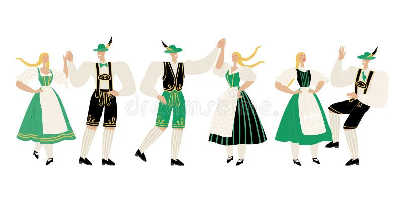 Couples in Folk Bavarian Costumes. Set of Vector Illustrations of Men ...