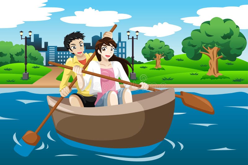 Couples heureux ramant un bateau illustration stock Couples heureux ramant un bateau illustration stock