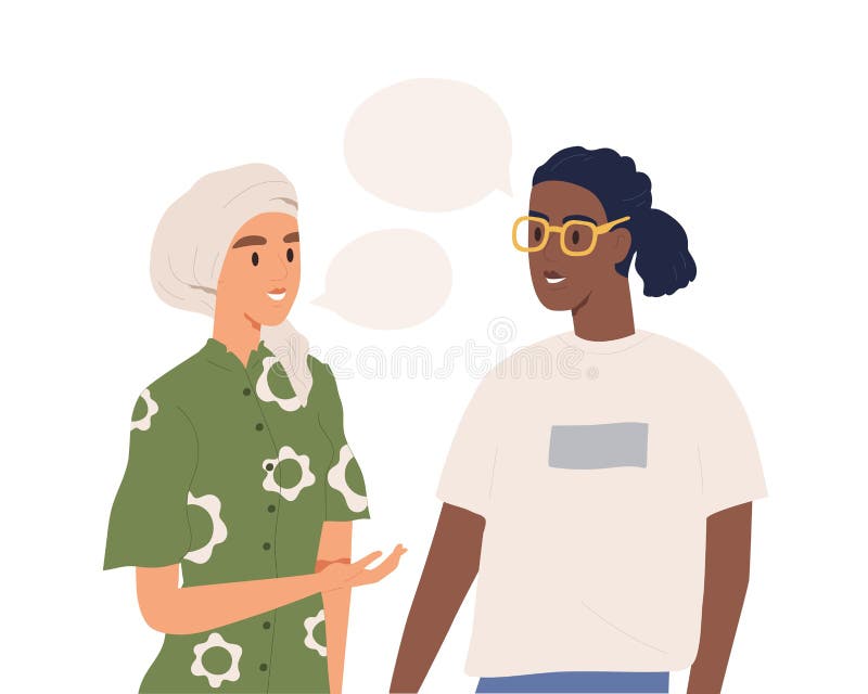 Couples multinationaux parlant ensemble isolée sur le fond blanc Conversation d'homme et femme avec des bulles de la parole Migno illustration libre de droits