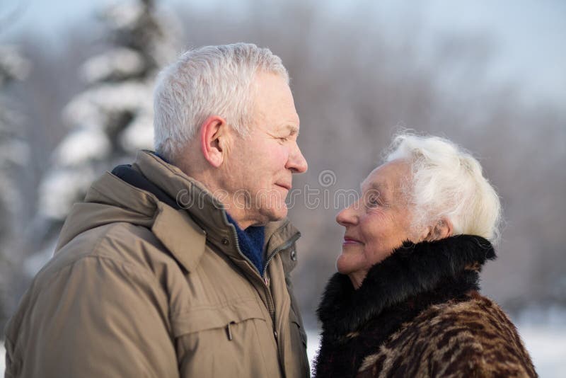 Couples pluss âgé en parc d'hiver photographie stock Couples pluss âgé en parc d'hiver photographie stock