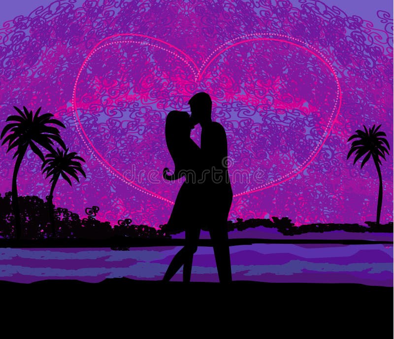 Couples romantiques environ à embrasser sur la plage au coucher du soleil illustration libre de droits Couples romantiques environ à embrasser sur la plage au coucher du soleil illustration libre de droits
