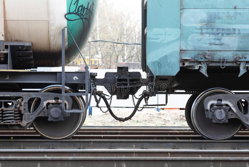 Coupling of Railway Cars on the Railway, Closeup.Railway Car Stock
