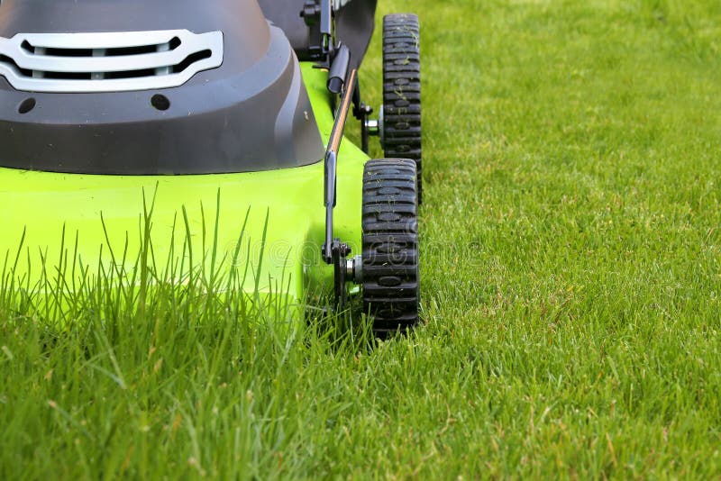 Coupure de l'herbe avec la tondeuse à gazon électrique images libres de droits Coupure de l'herbe avec la tondeuse à gazon électrique images libres de droits