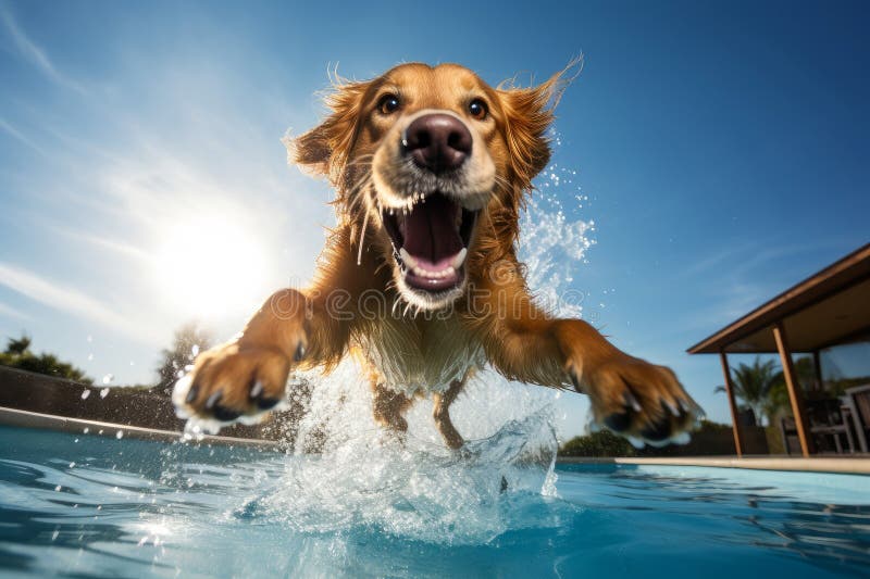 Courageous Dog Jump in Pool. Generate Ai Stock Photo Image of canine