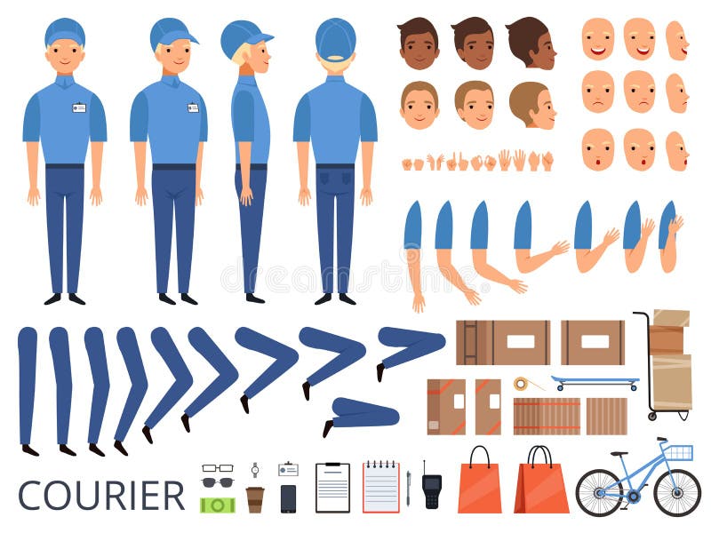 Courier box character animation. Body parts head arms cap hands of warehouse worker faces vector creation kit royalty free illustration Courier box character animation. Body parts head arms cap hands of warehouse worker faces vector creation kit royalty free illustration