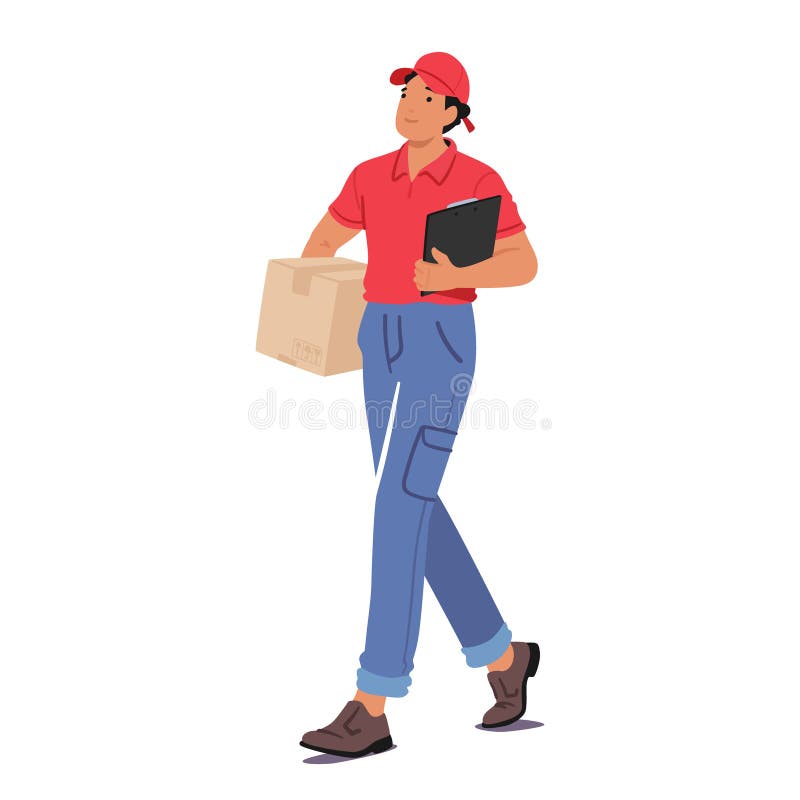 Courier Character Briskly Walks With A Box In Hand And A Clipboard, Ensuring Efficient Delivery, Vector Illustration royalty free illustration