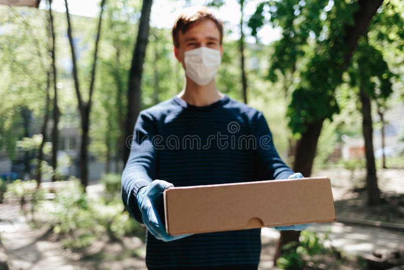 Courier Delivery Man Medical Latex Gloves Mask Safely Delivers