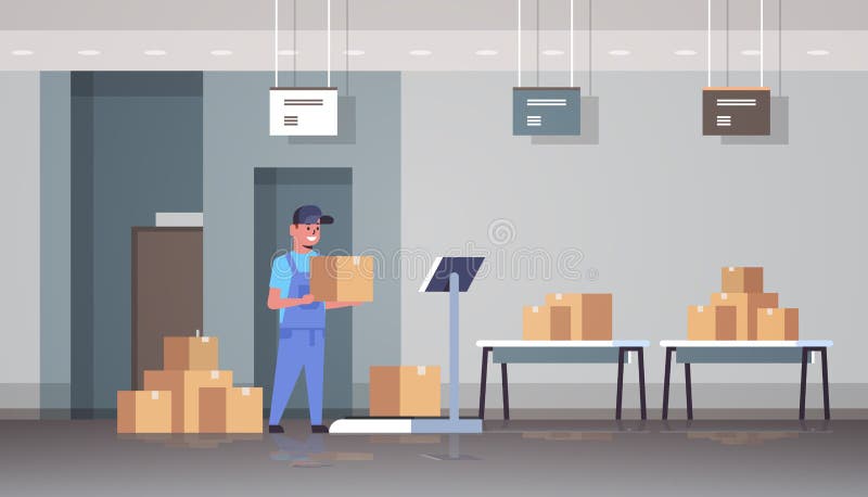 Courier man in uniform putting parcel box on scales mail express delivery logistic service concept modern warehouse vector illustration