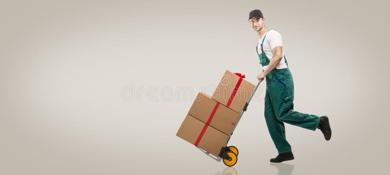 Courier runs - the trolley: packages and gifts vector illustration