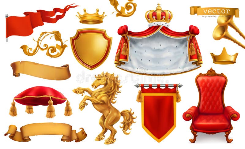 Couronne d'or du roi Chaise, manteau et oreiller royaux Ensemble d'icône de vecteur illustration libre de droits Couronne d'or du roi Chaise, manteau et oreiller royaux Ensemble d'icône de vecteur illustration libre de droits