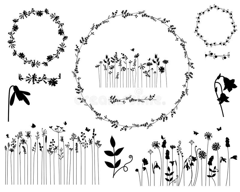 Couronne et éléments détaillés de contour avec des fleurs et des herbes isolée sur le blanc. Cadres ronds