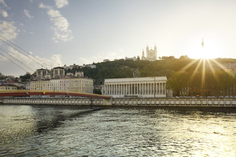 Courthouse and Basilica of Lyon at Sunset Time, France Editorial Image