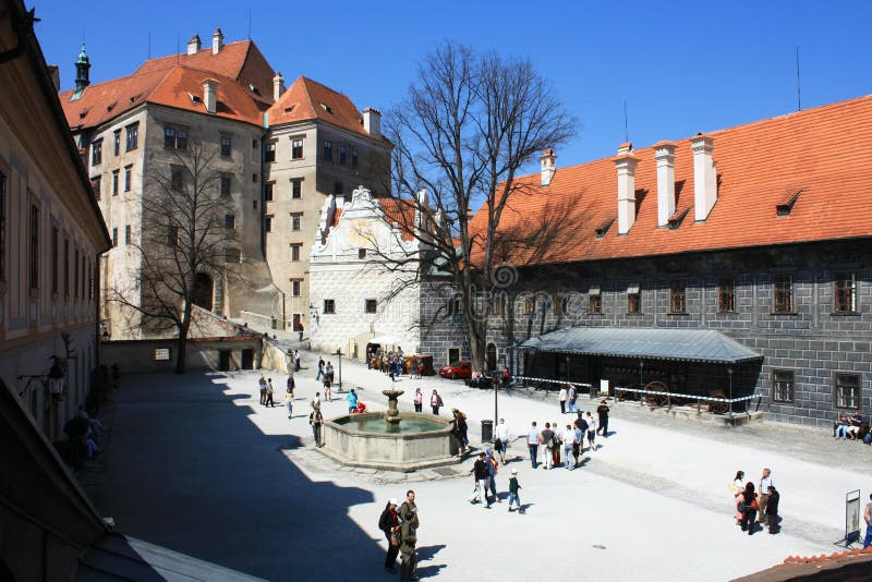 The picturesque courtyard of Cesky Krumlov Castle on a sunny day.