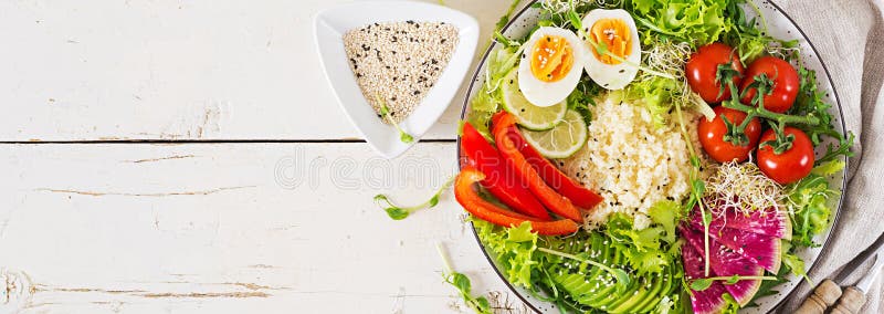 Couscous, egg and vegetables bowl. Healthy, diet, vegetarian food concept. royalty free stock photos Couscous, egg and vegetables bowl. Healthy, diet, vegetarian food concept. royalty free stock photos
