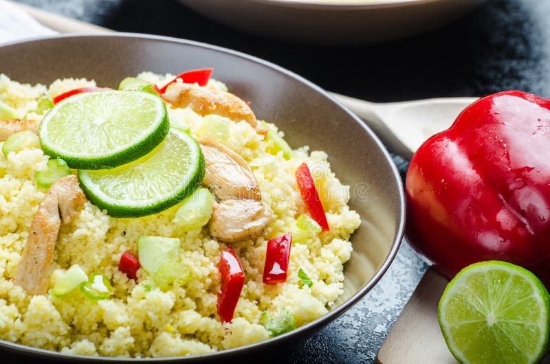 Couscous with Grilled Chicken Meat and Vegetables Stock Photo Image