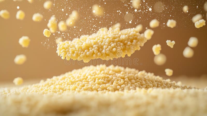 Couscous groats hover mid air separated one another emphasizing their unique texture and individuality vibrant backdrop creating striking visual effect. AI generated