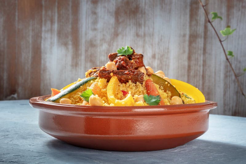 Couscous with Meat and Vegetables, Traditional Moroccan Dish Stock
