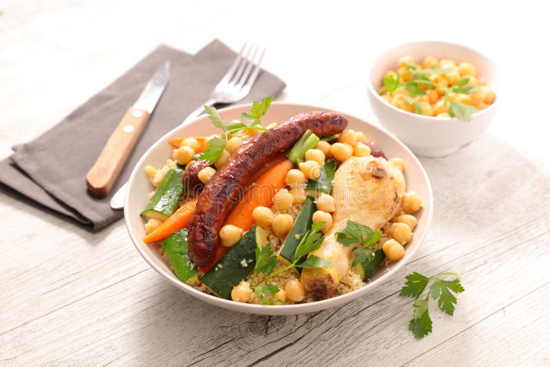 Couscous with Vegetable, Sausage and Chicken Stock Photo Image of