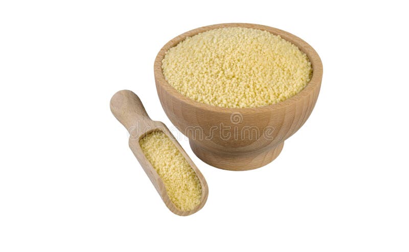 Couscous   in wooden bowl and scoop isolated on white background. nutrition. bio. natural food ingredient.