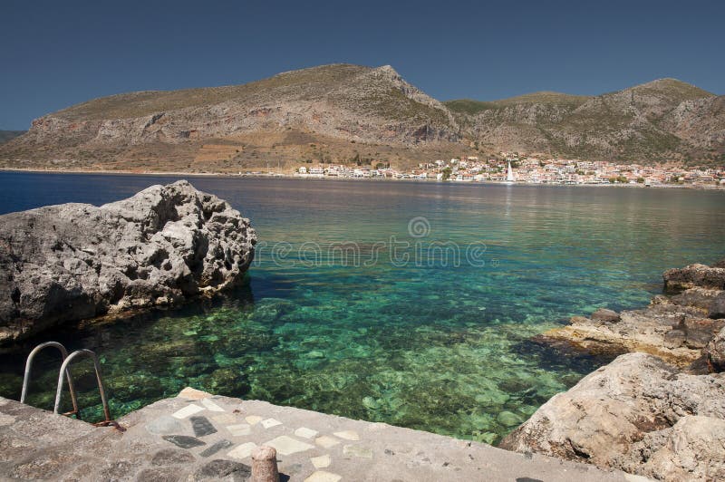 Cove at Monemvasia peninsula with a view over town royalty free stock image Cove at Monemvasia peninsula with a view over town royalty free stock image