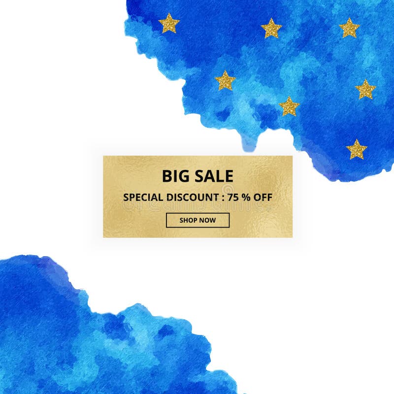 Cover design banner sale hand drawn blue watercolor texture on the white background with gold stars. Vector ink, acrylic decoratio stock illustration Cover design banner sale hand drawn blue watercolor texture on the white background with gold stars. Vector ink, acrylic decoratio stock illustration