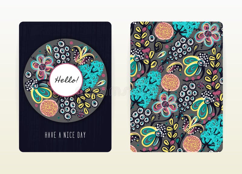 Cover design with floral pattern. Hand drawn creative flowers. Colorful artistic background with blossom stock illustration Cover design with floral pattern. Hand drawn creative flowers. Colorful artistic background with blossom stock illustration